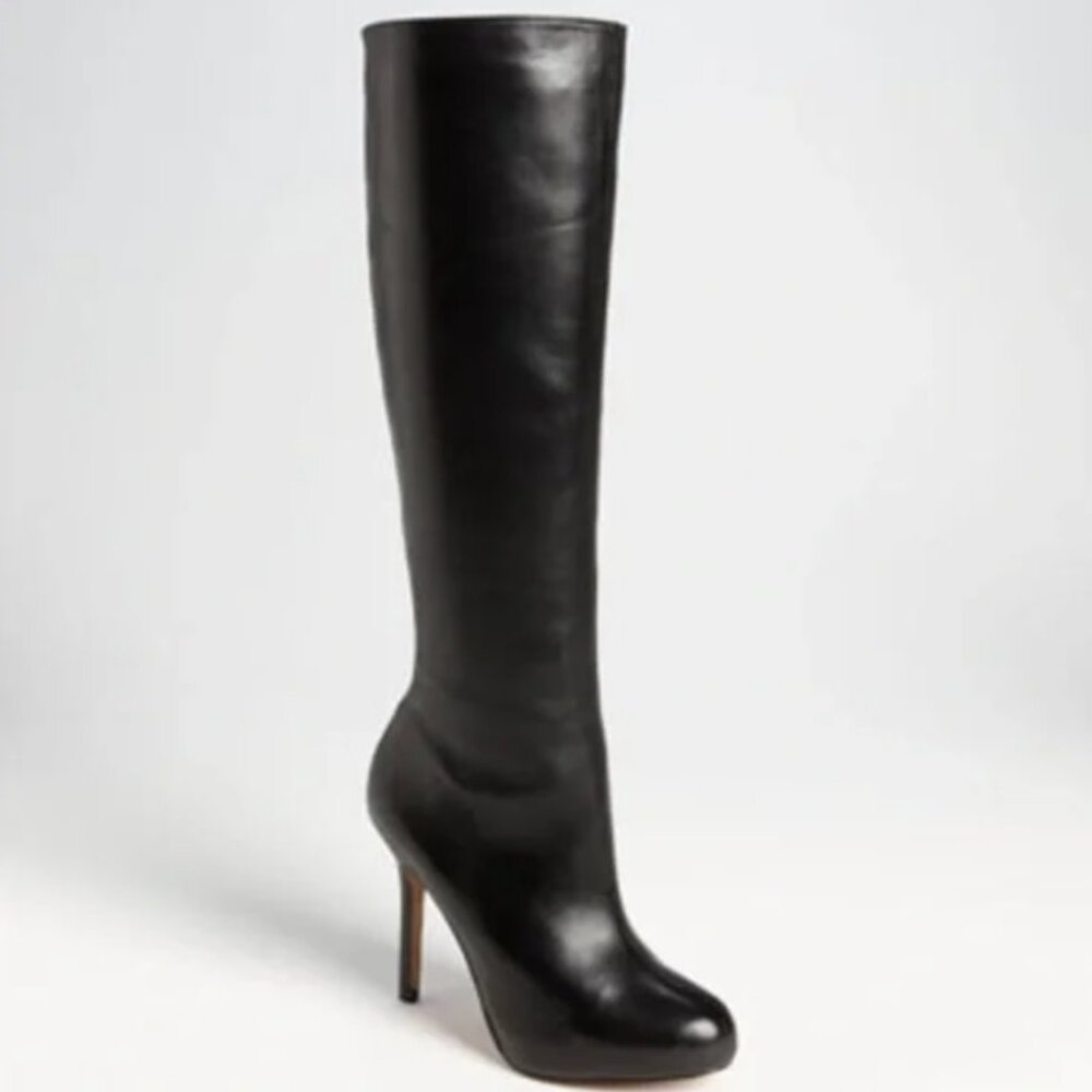 Black Leather Knee-high Boots / High Heel / 7.5M